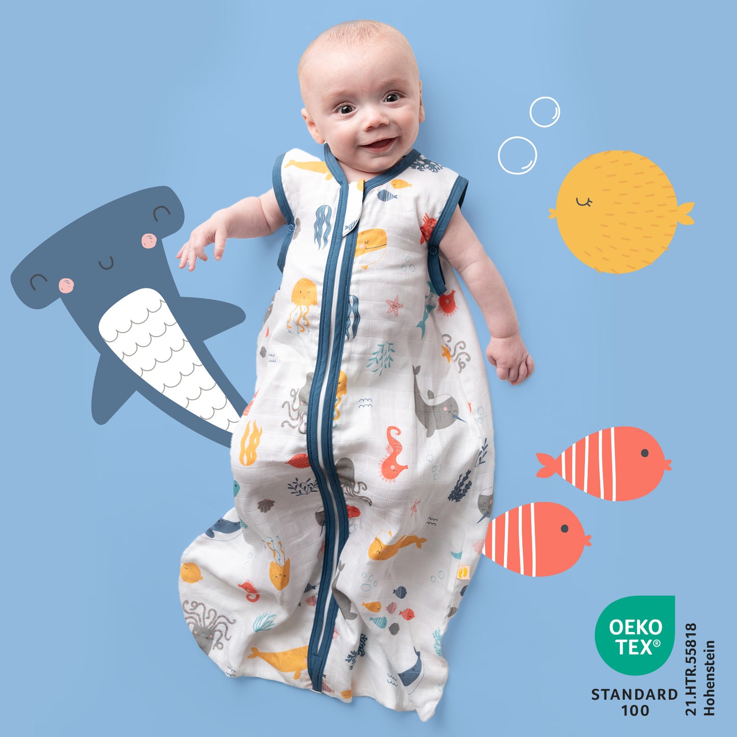Gigoteuse bébé été - mousseline - 0.5 TOG_Animaux marins_OEKOTEX_415